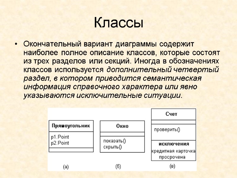 Классы Окончательный вариант диаграммы содержит наиболее полное описание классов, которые состоят из трех разделов